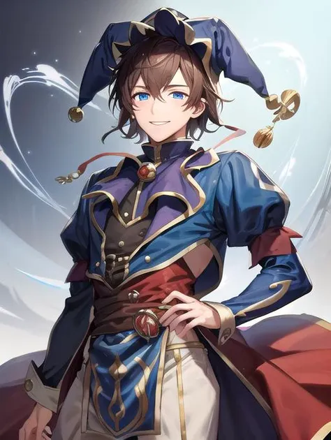 best quality, masterpiece, highres, detailed, perfect anatomy,  <lora:Detail - add_detail:0.2>,  JesterCh, jester cap, <lyco:CourtJester-10:0.8>, 1boy, JaceMind, brown hair, blue eyes,  <lora:Character - JaceM:0.6>, colorful clothing, blue magic, smile,