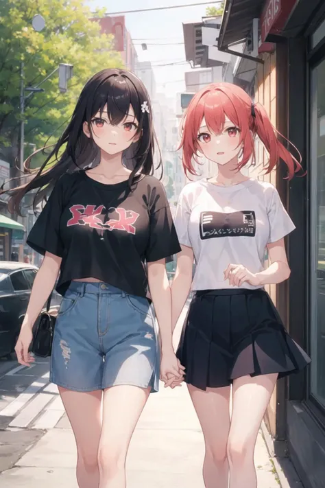 2girls, casual clothes, t-shirt, skirt, twintails, long hair, short sleeves, holding hands, outdoors, side-by-side, vanishing point