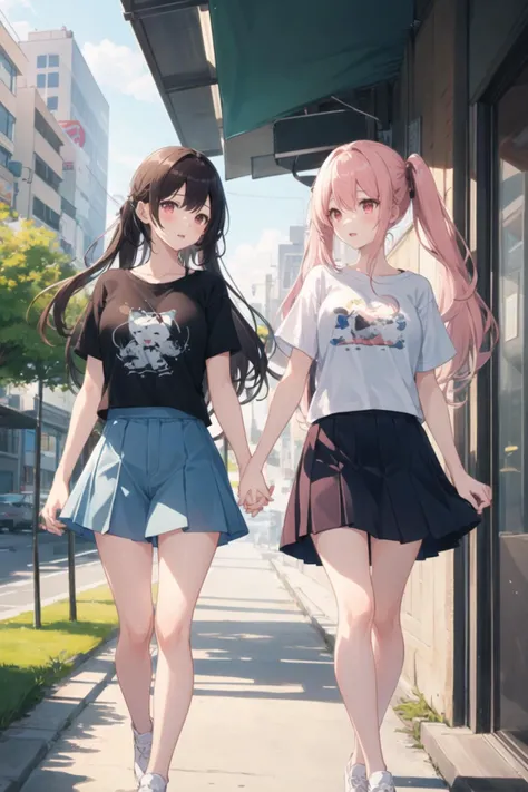 2girls, casual clothes, t-shirt, skirt, twintails, long hair, short sleeves, holding hands, outdoors, side-by-side, vanishing point
