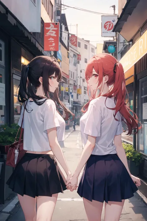 2girls, casual clothes, t-shirt, skirt, twintails, long hair, short sleeves, holding hands, outdoors, side-by-side, vanishing point