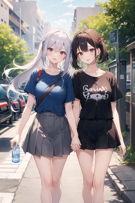 2girls, casual clothes, t-shirt, skirt, twintails, long hair, short sleeves, holding hands, outdoors, side-by-side, vanishing point