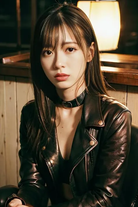 Best quality, masterpiece, ultra high res, (photorealistic:1.4), raw photo, 1girl, closeup, in cofeeshop, deep shadow, dark theme, sitting down, leather jacket, <lora:IkuEri:1>
