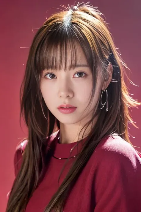 (best quality,masterpiece:1.2),8k,ultra high res,ultra detailed,best quality,looking at viewer,perfect lighting,flat light,ultra high quality,ultra high res,masterpiece,photorealistic,detailed face,(simple background),(maroon background), <lora:IkuEri:1>
