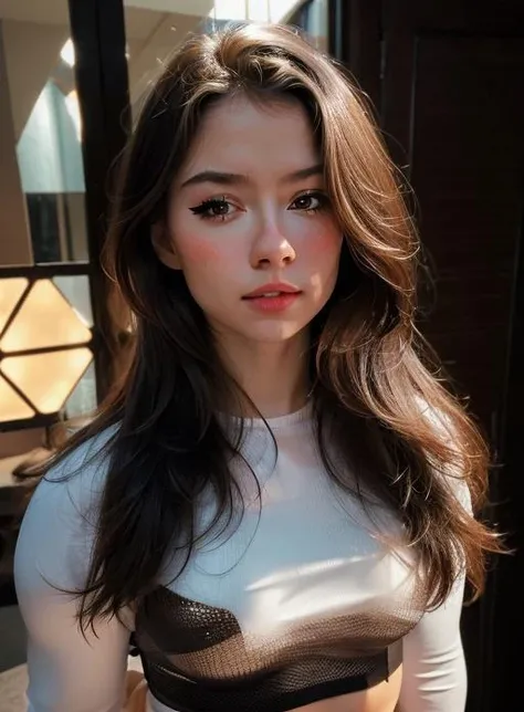 (photorealistic:1.4),8k,(masterpiece), best quality, highest quality, (detailed face:1.5),original,highres, unparalleled masterpiece, ultra realistic 8k, perfect artwork, ((perfect female figure)),,detailed skin, epiCRealism, fcPortrait,shirt,crop top, <lora:mictia-10:0.9>