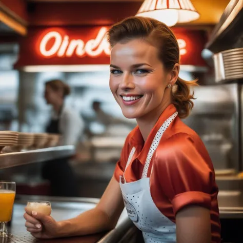 <lora:evaherzigova_sdxl:1> evaherzigova portrait photo of a woman, smiling, welcoming, working as a waitress in a diner, 4k textures, soft cinematic light, adobe lightroom, photolab, hdr, intricate, elegant, highly detailed, sharp focus, ((((cinematic look)))), soothing tones, insane details, intricate details, hyperdetailed, low contrast, soft cinematic light, exposure blend, hdr,