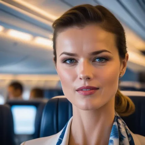 <lora:evaherzigova_sdxl:1> evaherzigova a beautiful woman, beautiful bone structure,upper body, flight attendant, Air France, KLM, British Airways, bold scarf, first class cabin, Boeing, sunrise, beautiful bone structure, 4k textures, soft cinematic light, adobe lightroom, photolab, hdr, intricate, elegant, highly detailed, sharp focus, ((((cinematic look)))), soothing tones, insane details, intricate details, hyperdetailed, low contrast, soft cinematic light, exposure blend, hdr,