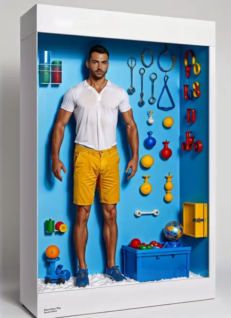 <inbox\(ttp\), (8k, RAW photo, best quality, masterpiece:1.2), (realistic, photo-realistic:1.37),((in a toy box with window)),(solo:1.25), man wearing shorts, (simple white background), <lyco:girlInBox_v10:0.65>