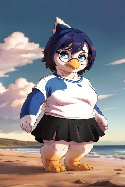 feral, high resolution, HDR, best quality, <lora:Pengullet_Palworld_v1.0_:1>, palpengullet, breasts, blue, small, penguin, blue skin, blue eyes, red chest fur, lean female, white shirt, black skirt, glasses, white hands