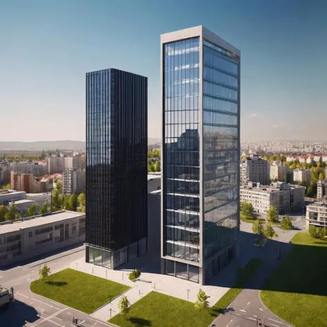 8k,realistic,a modern tall building with glass window in a modern city,sunny,daytime,shining,shadows,buzy street,Aerial view,