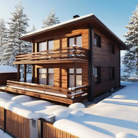 8k,realistic,a beautiful wooden villa,winter,snow,day time,shining,shadows,modern villa,