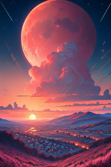 (ultra-detailed), (masterpiece), (best quality), (sharp focus), (cinematic lighting), (vibrant colors),   <lora:more_details:1> ,  <lora:anime_cloud:1> anime cloud , landscape, scenery, rustic neighbourhood, sunset, pink tint, Japanese, aesthetic, stars, moon