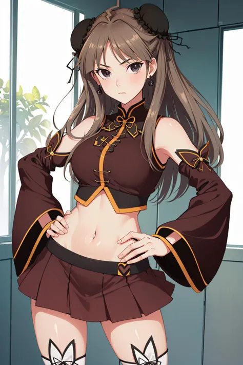 (masterpiece, best quality:1.2), <lyco:senrankagura_renka-10:1.0>, cowboy shot, solo, 1girl, renka, expressionless, closed mouth, looking at viewer, hand on hip, double bun, bun cover, detached sleeves, skirt, thighhighs, midriff