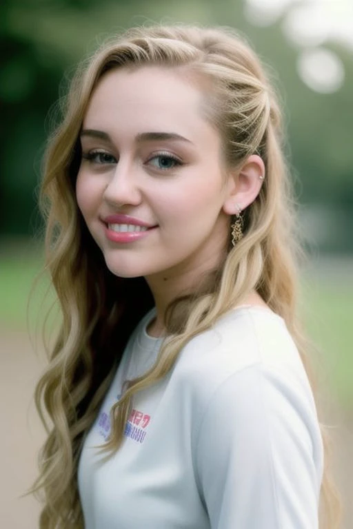 Cinematic film still, 1girl, standing, teenager, M1LEYCYRUS , pale skin, innocent smile, (detailed face, detailed skin, blonde messy hair), in the park, sunset, moist, intricate details, shallow depth of field, [volumetric fog], cinematic lighting, reflections, photographed on a Canon EOS R5, wide lens, F/2.8, HDR, 8k resolution, (detailed blue eyes:1.1)