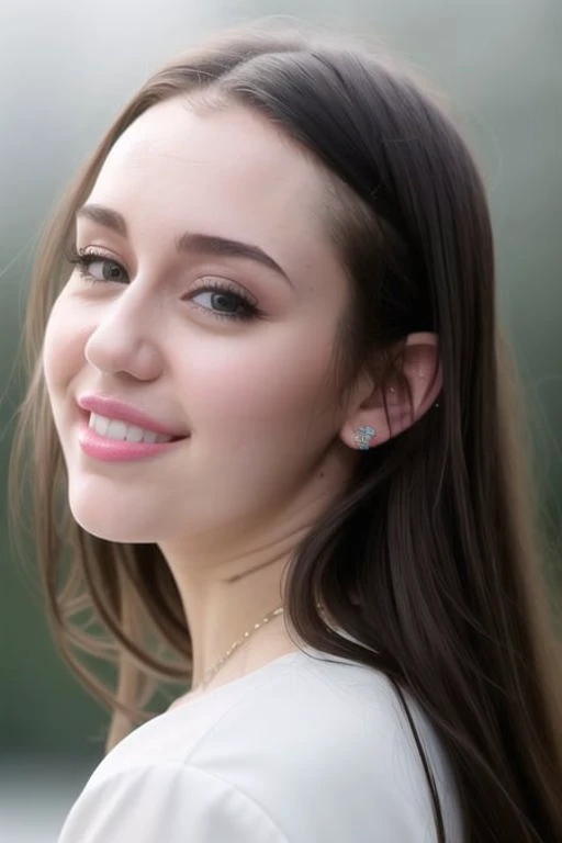 Cinematic film still, 1girl, standing, teenager, M1LEYCYRUS , pale skin, innocent smile, ((detailed face)), (detailed skin), moist, intricate details, shallow depth of field, [volumetric fog], cinematic lighting, reflections, photographed on a Canon EOS R5, wide lens, F/2.8, HDR, 8k resolution, full