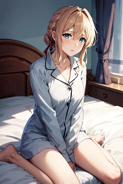 (Midnight time:1.5)、Raw photo, highest quality, High resolution, (masterpiece), (Photoreal:1.4), (mole under eye),anime cosplay, sharp focus, 8K resolution, intricate details, Depth of bounds written, Highly detailed CG Unity 8K wallpaper, woman,25 years old、 His lips are smiling、(tie hair:1.5)、(Medium Showtrain Bo Hair)、(wearing pajamas:1.3)、blue eyes,(on the bed:1.5)、(Starry sky seen from the window:1.3)、(sleeping in bed:1.2)、Shining world、winter and snow