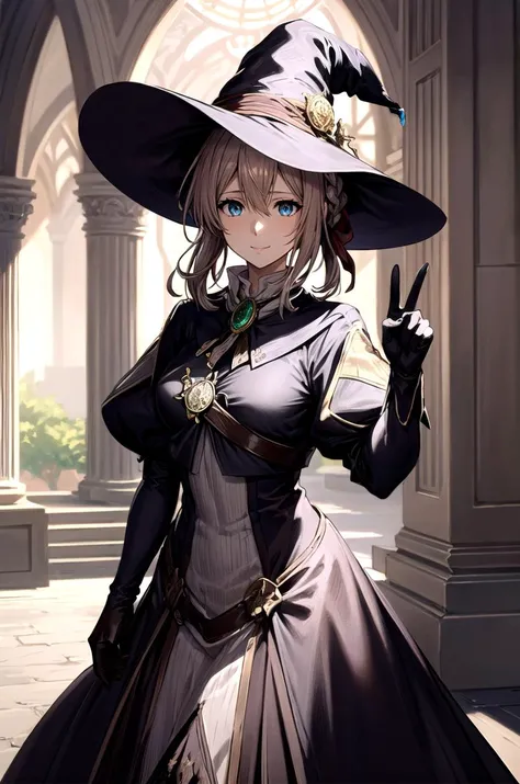(masterpiece, best quality, detailed), 1girl, solo, looking at viewer, violet evergarden, braid, hair ribbon, red ribbon, jewelry, brooch, black dress, witch hat,
<lora:edgBlackMage:1>, edgBlkMage, wearing edgBlkMage, indoors, throne room, throne, pillar, banner, gold, stone wall, peace sign, smile, closed mouth, brown gloves