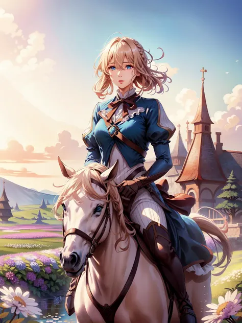 (masterpiece:1.2, best quality:1.1, highres,absurdres, high quality),(photorealistic:1.1),reflected light, colorful,ultra-detailed,8k, ultra hd, super detailed,
violet evergarden, blonde hair, blue eyes, hair hair between eyes, <lora:violet_evergarden_v1:0.6>  BREAK,riding, horse, Equestrian Costume,Riding Costume Outfit,grass,flower field, 
 <lora:riding_a:0.6>