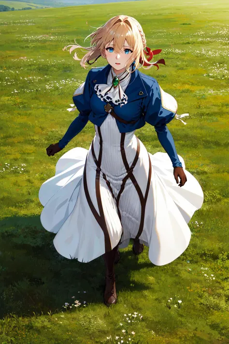 masterpiece, best quality, highres, violet evergarden, braid, hair ribbon, red ribbon, jewelry, white ascot, brooch, blue jacket, long sleeves, brown gloves, white dress, long dress, <lora:violet_evergarden_v1:0.7>, field, from above, full body, standing, wind