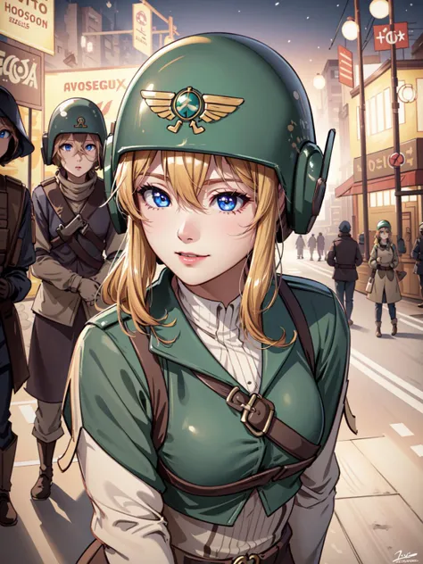 (masterpiece:1.2, best quality:1.1, highres,absurdres, high quality),(photorealistic:1.1),reflected light, colorful,ultra-detailed,8k, ultra hd, super detailed,
violet evergarden, blonde hair, blue eyes, hair hair between eyes, cadiachan, smile, military uniform, night,armor,green helmet on head, solo:1.2,solo focus, outdoors, battlefield, beige pants,waving,
<lora:violet_evergarden_v1:0.6> <lora:CadiaChan:0.6>
