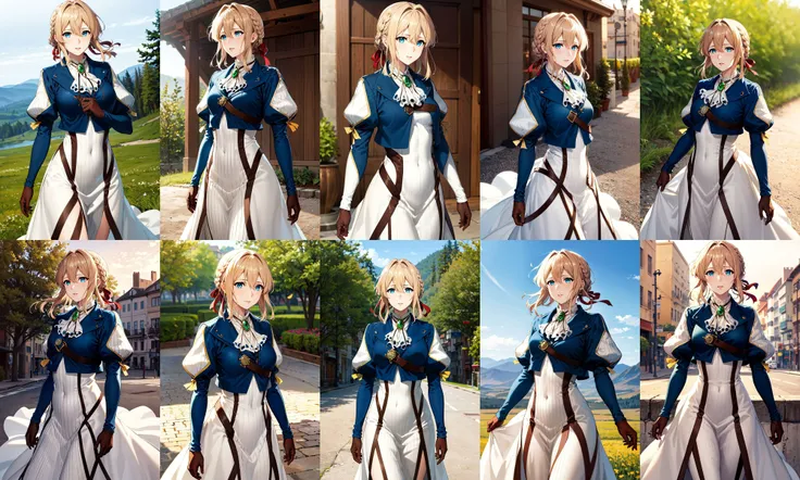 masterpiece, best quality, highres, violet evergarden, braid, hair ribbon, red ribbon, jewelry, white ascot, brooch, blue jacket, long sleeves, brown gloves, white dress, long dress, <lora:violet_evergarden_v1:0.7>, standing, cowboy shot, outdoors