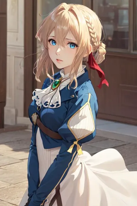 (masterpiece, top quality, best quality, official art, beautiful and aesthetic:1.2), 1girl, violet evergarden, braid, hair ribbon, red ribbon, jewelry, white ascot, brooch, blue jacket, long sleeves, brown gloves, white dress, long dress, closeup portrait, looking at viewer, upper body, <lora:violet_evergarden_v1:0.7>