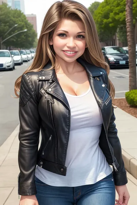 dfishel, rshirt, jeans, leather jacket, smiling