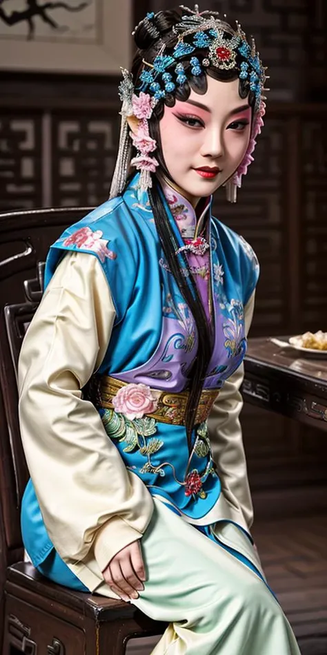 ((full body shot)),(photorealistic:1.4), official art,(detailed beautiful face:0.9),(beautiful eyes:1.3),mouth shut, detailed, beautiful and aesthetic, masterpiece, best quality,(fractal art), 1girl,
Sitting on a chair,(hands down), bust, wide aperture, Peking Opera,the face is clear,<lora:PekingOperaR:0.8>