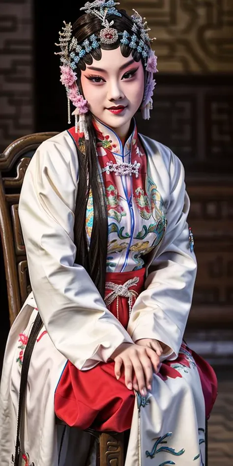 ((full body shot)),(photorealistic:1.4), official art,(detailed beautiful face:0.9),(beautiful eyes:1.3),mouth shut, detailed, beautiful and aesthetic, masterpiece, best quality,(fractal art), 1girl,
Sitting on a chair,(hands down), bust, wide aperture, Peking Opera,the face is clear,<lora:PekingOperaR:0.8>
