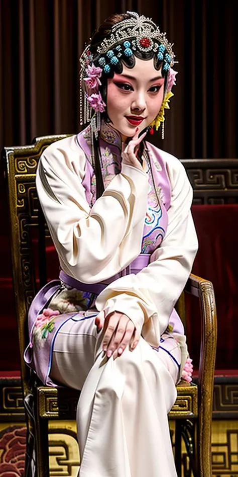 ((full body)),(photorealistic:1.4), official art,(detailed beautiful face:1.4),(beautiful eyes:1.3),mouth shut, detailed, beautiful and aesthetic, masterpiece, best quality,(fractal art), 1girl,
Sitting in a chair,(hands on thighs), bust, wide aperture, Peking Opera,the face is clear,hands hided,<lora:PekingOperaR:0.85>