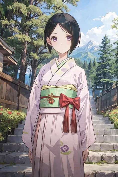 (masterpiece),(best quality), <lora:AraiChie:0.9>, arai chie, ear covered, alternative haircut, purple eyes, stairs, kimono, hakama, temple, mountain, forest, looking at the viewer, <lora:Adddetail:0.7>