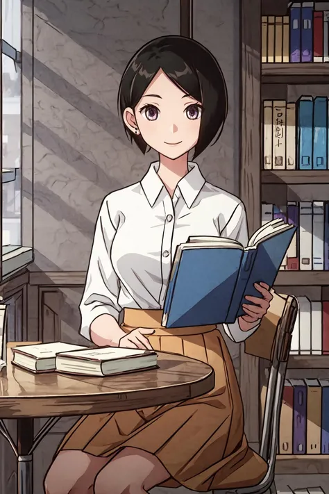 (masterpiece),(best quality), <lora:AraiChie:0.8>, arai chie, ear covered, alternative haircut, purple eyes, chie, dress1, long skirt, shirt, smile, looking at the viewer, portrait, school library, bookshelves, books, table, books on the table, chair, sitting, <lora:Adddetail:0.7>