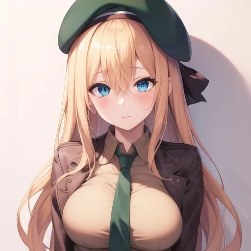 (masterpiece, best quality:1.2),illustration,8k,hd,1girl,solo,upper body,(portrait:1.2),large breasts,long hair,fringe,blue eyes,blonde hair,hair between eyes,green eyes,pleated skirt,open jacket,miniskirt,brown shirt,necktie,black pantyhose,beret,<lora:M1 Garand(gf)>,