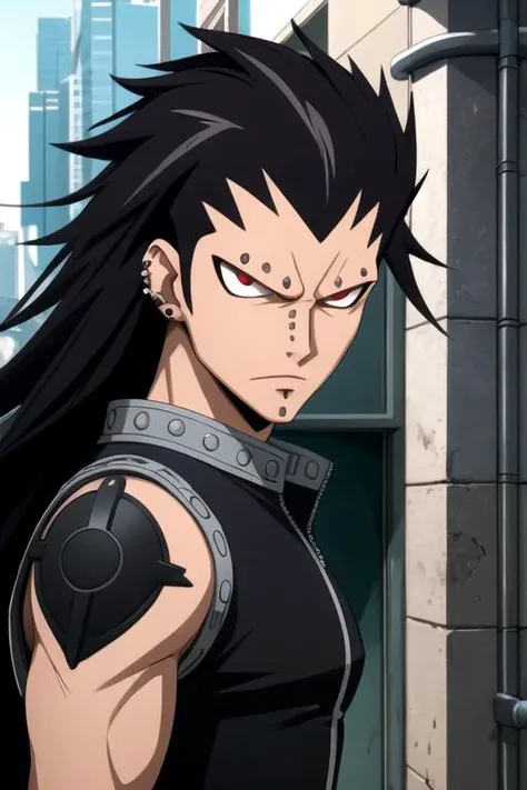 masterpiece, best quality, photorealistic, 1boy, solo, male focus, looking at viewer, , , , , <lora:gajeel_redfox:0.70>, gajeel_redfox, black hair, red eyes, long hair, piercing, , cyberpunk,