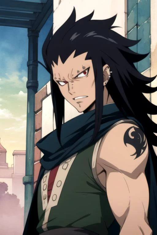 masterpiece, best quality, movie still, 1boy, solo, male focus, looking at viewer, upper body, , (watercolor illustration, soft pastel colors:1.1), , <lora:gajeel_redfox:0.70>, gajeel_redfox, black hair, red eyes, long hair, piercing, , aztec, 4k resolution