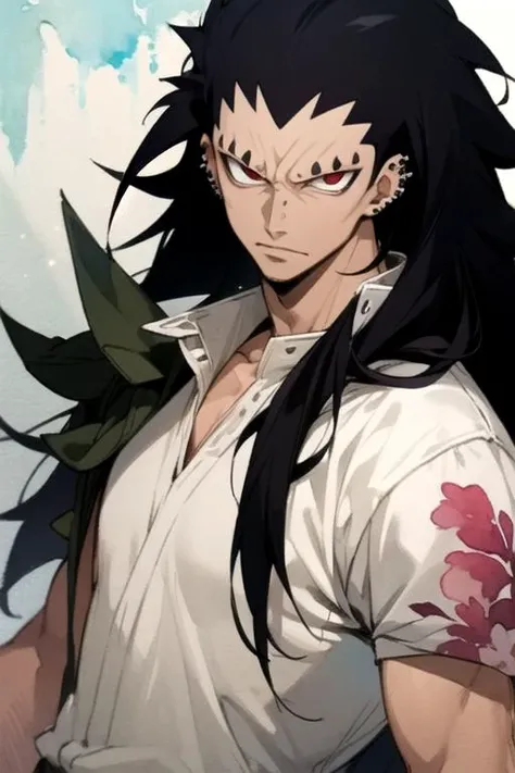 masterpiece, best quality, wallpaper, 1boy, solo, male focus, looking at viewer, upper body, depth of field, (watercolor illustration, soft pastel colors:1.1), realistic, <lora:gajeel_redfox:0.66>, gajeel_redfox, black hair, red eyes, long hair, piercing, convict costume, ,