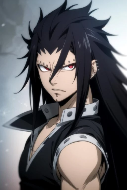 masterpiece, best quality, game cg, 1boy, solo, male focus, looking at viewer, upper body, depth of field, anime coloring, realistic, <lora:gajeel_redfox:0.70>, gajeel_redfox, black hair, red eyes, long hair, piercing, , grimdark, Blu-ray