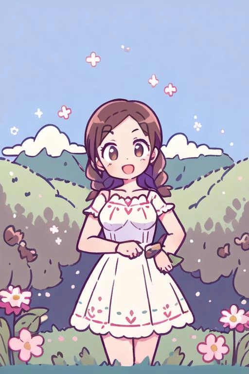 1 girl, best quality, amazing intricate, dark brown hair, twin braids, dark brown eyes, (round eyes:1.3), :d, medium breasts,
from front, cowboy shot, standing,
white dress,
in the forest, grass, flower, mountain in the distance, sky