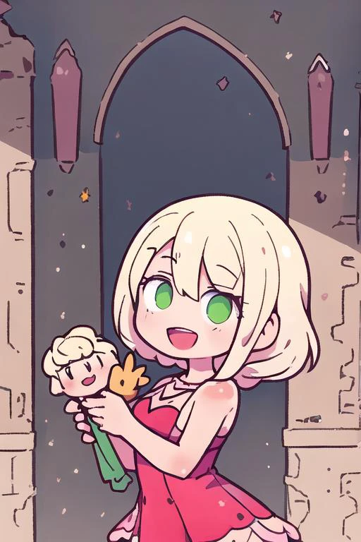 1 girl, best quality, amazing intricate,
platinum blond hair, medium hair, (round eyes:1.3), :d, side braids, green eyes, medium breasts,
From Side, upper body, winking,
red dress, latex dress, ,
stockings, wedge heels, in a ruined church