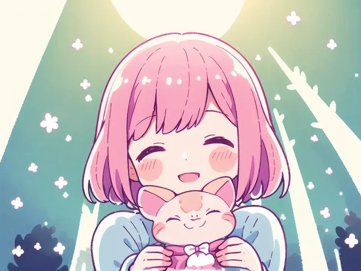 1 girl, solo, best quality, ultra detailed, minor, (happy:1.4), closed eyes,
pink hair, medium hair, looking away,
from front, from below, portrait, hugging the brown kitten, \(kitten has its mouth closed\),
white dress, blue ribbon, long sleeves, standing,
in the forest, flower garden, warm sunlight filtering through trees, depth of field