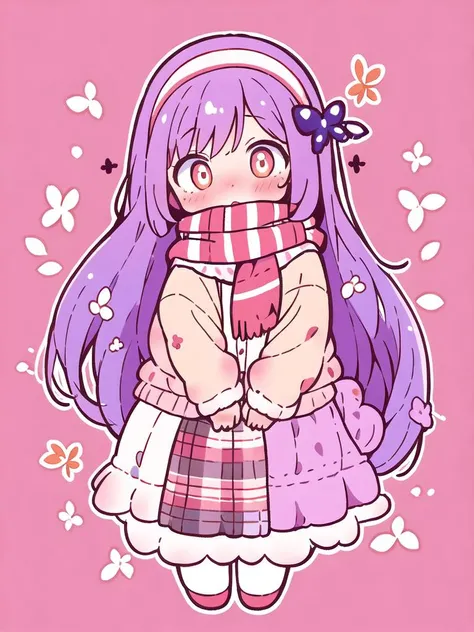 1girl,orange eyes,purple hair,long hair,shy,masterpiece,bright pupils,looking at viewer,red ribbon,upper,artist request,blush,orange plaid scarf,white shirt,pink background,naughty face,head tilt,white butterfly hairband,full body,surprised,