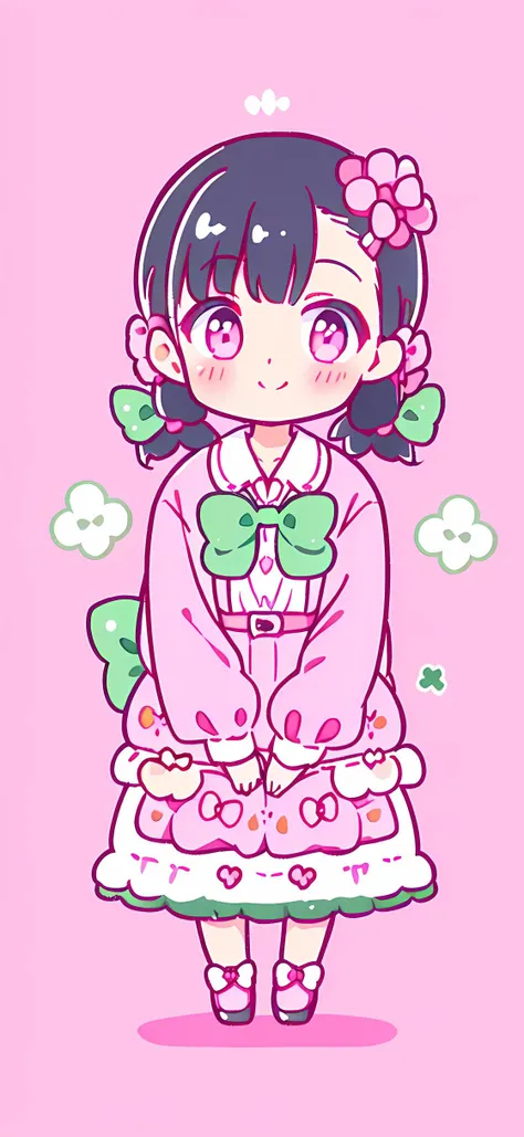 MARUMOCHI,1girl, hair ornament, clover, bow, twintails, smile, stuffed toy, green bow, solo, clover hair ornament, long hair, four-leaf clover, stuffed animal, green nails, black hair, hairclip, shirt, skirt, low twintails, doughnut, bangs, collared shirt, white shirt, stuffed bunny, plaid, long sleeves, food, bowtie, looking at viewer, pink bow, four-leaf clover hair ornament, hair bow, nail polish, sweater, blush, pink eyes