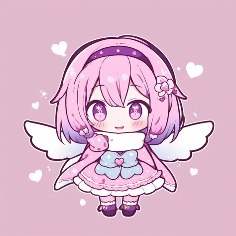 1girl,masterpiece,chibi, commentary request, gaff, gradient hairband, heart, komeiji satoriouheiha happy halloween, looking at viewer another, multicolored clothes, purple eyes, scarf, short hair, smile focus, solo, sparkle earrings, touhou, translatedimono yukikimi miyabiusu ga meikyuu vocaloid, wings visible through fingers, yellow background, zakurozaki-san wa mob ni tenshi ga nai wo omoitantei kekei, zipperippers, pink skirt, ribbon trim andere yuki popura, simple background byeoon izuku, skirt, socks, symbol-only commentary