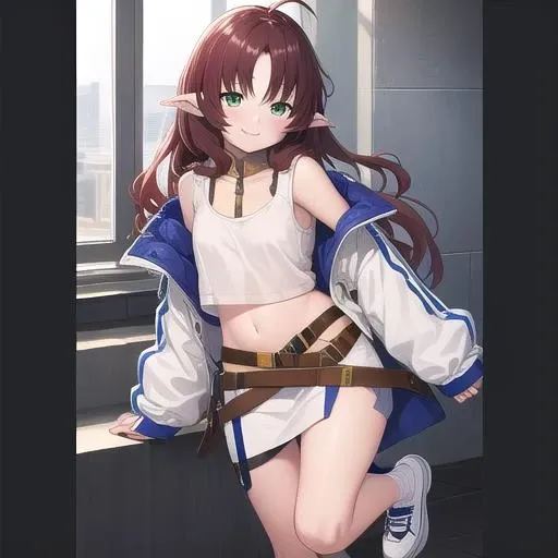 ((masterpiece)),(best quality),official art,extremely detailed CG,unity 8k wallpaper,ultra detailed,1girl,solo,cowboy shot,long_hair,pointy_ears,ahoge,green_eyes,white_footwear,navel,skirt,shoes,smile,red_hair,midriff,white_jacket,off_shoulder,looking_at_viewer,long_sleeves,tank_top,grey_socks,brown_hair,sleeves_past_wrists,open_clothes,bangs,shirt,<lora:Myrtle(ark)>,