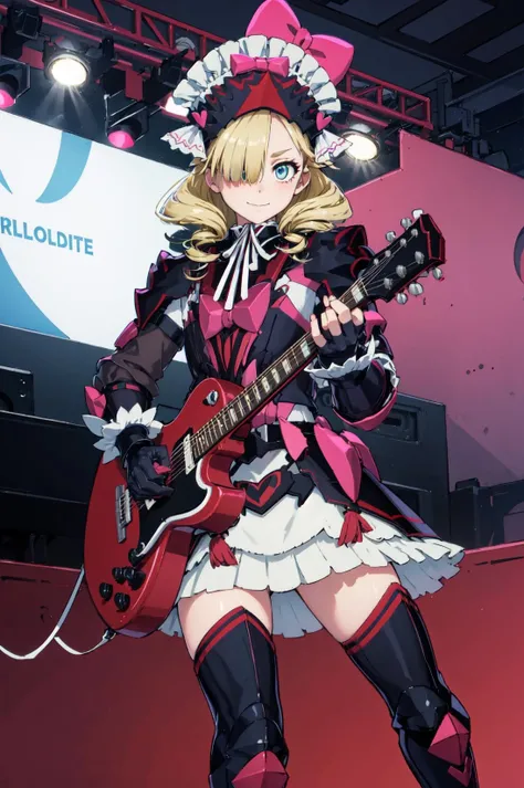 (playing guitar,stage,stage light),smile,closed mouth, <lora:marni1:1>,marni, hat,hat bow,pink bow,smile,armor,dress,white skirt, looking at viewer, hair over one eye,black footwear, frills, gauntlets, long sleeves,armored boots, armored dress, gloves, thighhighs,heart,indoors,(masterpiece, best quality, ultra-detailed, best shadow),