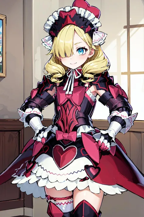 smile,cowboyshot,Hands on hips, <lora:marni1:1>,marni, hat bow,hat,armor,dress,white skirt, looking at viewer, hair over one eye, black footwear, frills, gauntlets, long sleeves, armored boots, armored dress, gloves, thighhighs, heart,indoors,(masterpiece, best quality, ultra-detailed, best shadow),
