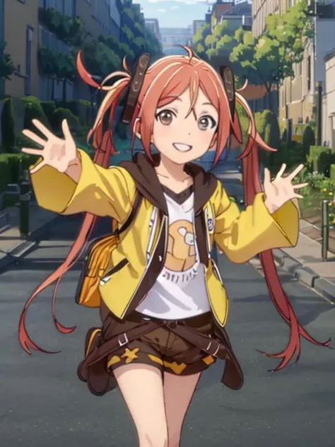 masterpiece, best quality, highres, 1girl, enjucasual, <lora:EnjuFullLoCon-000014:1>, happy, waving, outdoors,