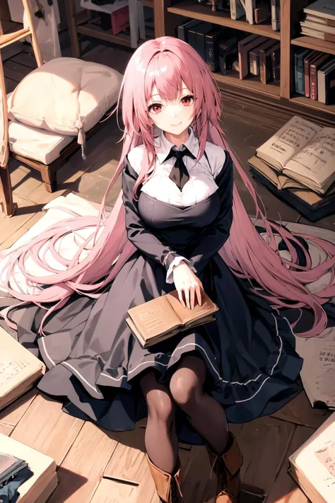 <lora:anjila:0.6> pink hair, long hair, large breasts, pantyhose, dress, wooden horse, smile, looking at viewer, books, doll, lying, boots, masterpiece, best quality, highres, <lora:GoodHands-vanilla:1> nice hands, perfect hands