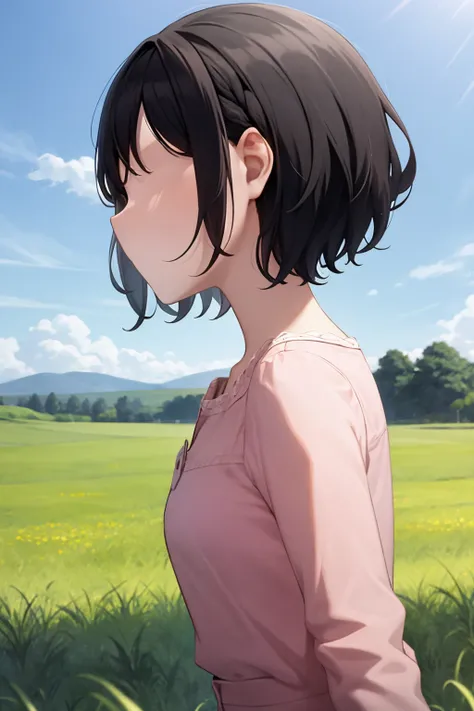 masterpiece, best quality, faceless, faceless female, 1girl, profile, black hair, short hair, pink shirt, upper body, arms behind back, looking at viewer, solo, grass, blue sky, view from side, meadow background <lora:Faceless:1>