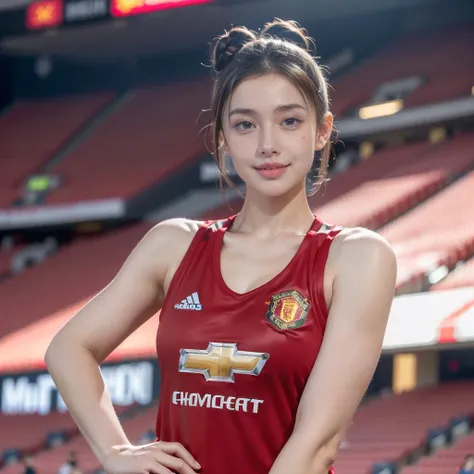 An  woman wearing Manchester United Jersey, (double bun)), a smiley face, in Manchester United Stadium,   <lora:Milesa Realistic:0.8> Milesa, full body shot, masterpiece, details on her fingers,, 8k, best quality, masterpiece, realistic, ultra detail, photo realistic, Increase quality, jagged edges, navy, natural beauty, [:(detailed face:1.2):0.2] <lora:more_details:0.3>,, natural light