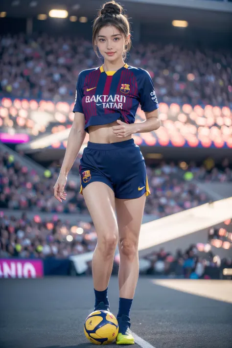 A woman wearing  FC Barcelona New Jersey 2023 (details club logo), ((bun)), a smiley face, in Camp Nou Stadium, <lora:Milesa Realistic:0.8> Milesa, full body shot, masterpiece, details on her fingers,, 8k, best quality, masterpiece, realistic, ultra detail, photo realistic, Increase quality, jagged edges, navy, natural beauty, [:(detailed face:1.2):0.2] <lora:more_details:0.3>,, natural light